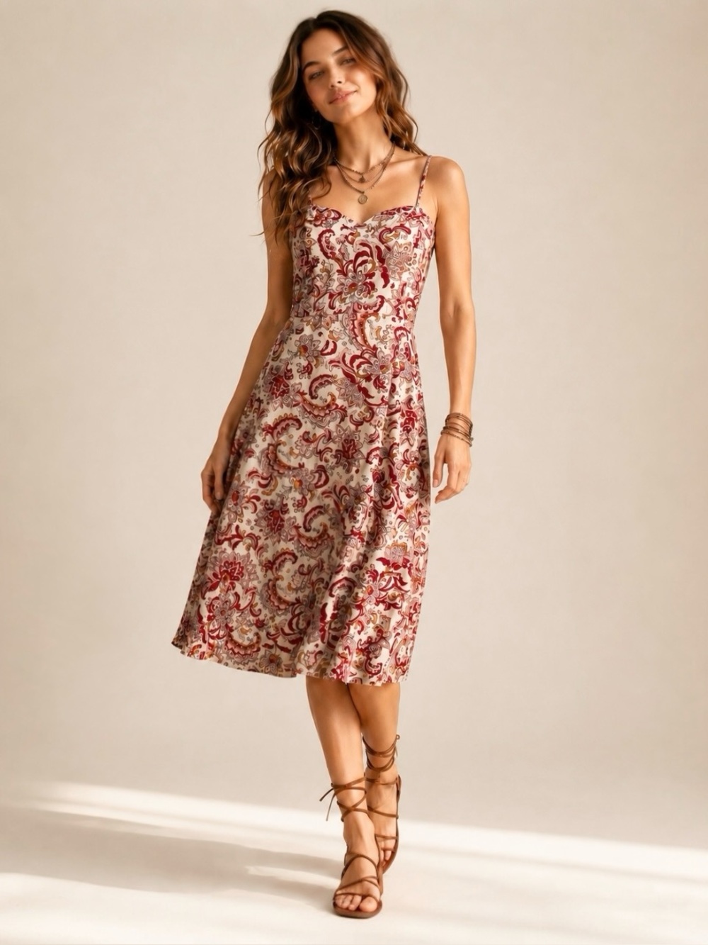 Jessica Simpson Women’s Midi Bloom Red/White Paisley Smocked Summer Dress Sz M